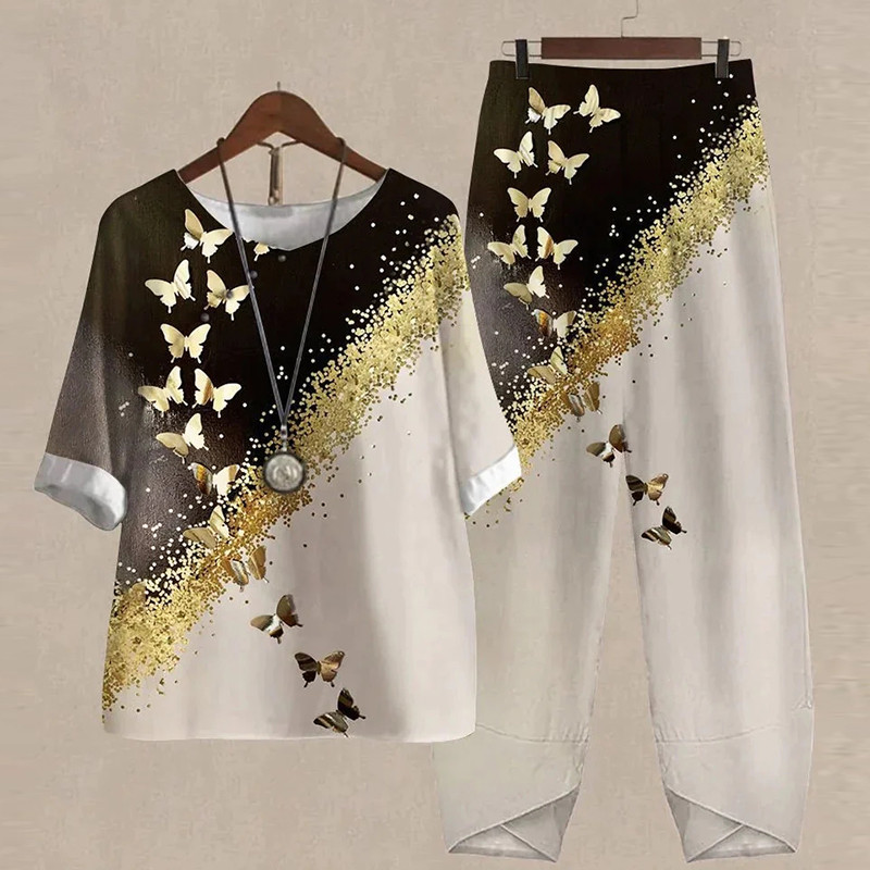 Ljetni dvodijelni kompleti Ženska odjeća O izrez Cvjetni print Široka košulja kratkih rukava Odijelo s hlačama visokog struka 2023.