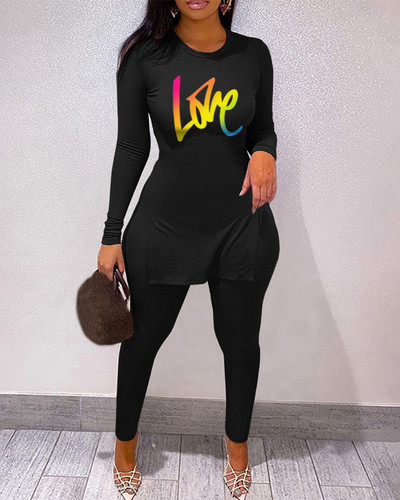 FAGADOER Jesen Ženski dvodijelni kompleti Ležerna odjeća s otisnutim bočnim prorezom i uske hlače Trenirke Modna ulična odijela 2 komada