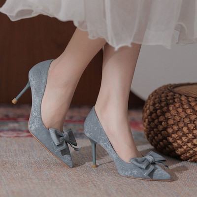 Γυναικεία Παπούτσια 2023 με Φιόγκο Μπλε γυναικεία καλοκαιρινά υποδήματα με τακούνι Stilito μυτερά ψηλοτάκουνα βραδινά γνήσια Mark E