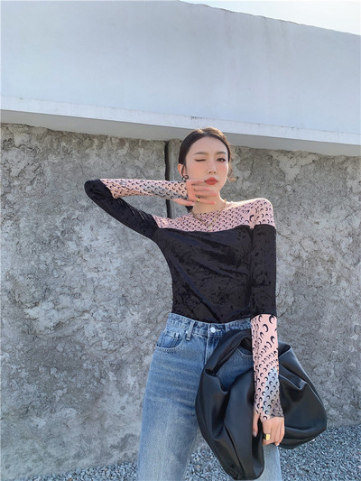 Culoare contrastantă damă plasă cusături imprimate luna catifea 2021 modă de primăvară stretch pentru femei Blusas pentru femei