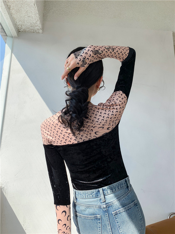 Culoare contrastantă damă plasă cusături imprimate luna catifea 2021 modă de primăvară stretch pentru femei Blusas pentru femei