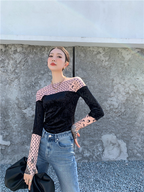 Culoare contrastantă damă plasă cusături imprimate luna catifea 2021 modă de primăvară stretch pentru femei Blusas pentru femei