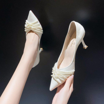 Обувки за жени 2023 г. на ток Дамски летни обувки Помпи Бели перлени вечерни обувки с остър връх Високи токчета Елегантна рокля 39