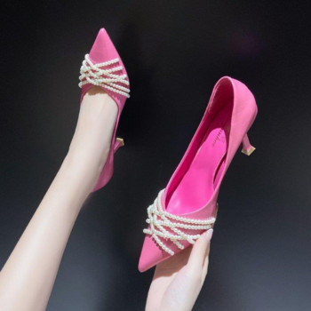 Обувки за жени 2023 г. на ток Дамски летни обувки Помпи Бели перлени вечерни обувки с остър връх Високи токчета Елегантна рокля 39