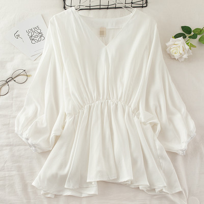 2020. Ženska ljetna košulja s V-izrezom i rukavima na pola lampiona Osnovna košulja s volanima Elegantna ženska elastična tanka pulover bluza od šifona Topovi