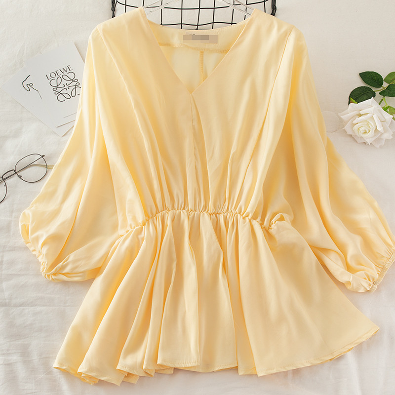 2020. Ženska ljetna košulja s V-izrezom i rukavima na pola lampiona Osnovna košulja s volanima Elegantna ženska elastična tanka pulover bluza od šifona Topovi