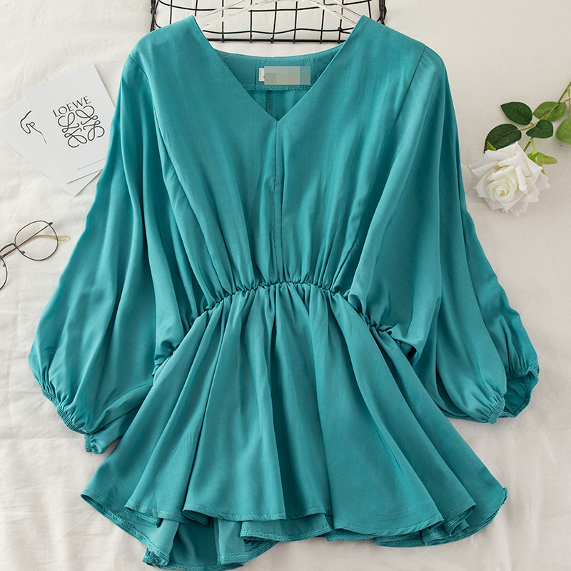 2020. Ženska ljetna košulja s V-izrezom i rukavima na pola lampiona Osnovna košulja s volanima Elegantna ženska elastična tanka pulover bluza od šifona Topovi
