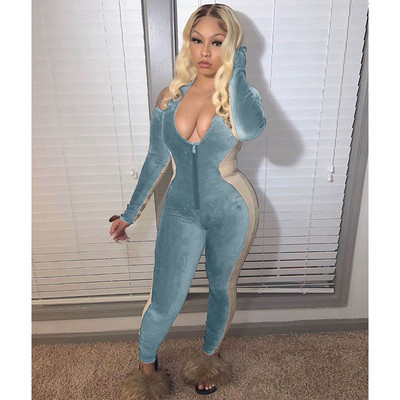 Streetwear Off pečių aksominis kombinezonas moteriškas ilgomis rankovėmis Bodycon Rompers kombinezonai