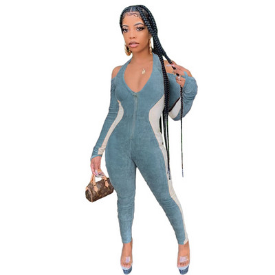 Baršunasti kombinezon s otvorenim ramenima Streetwear Ženski kombinezon s dugim rukavima uz tijelo