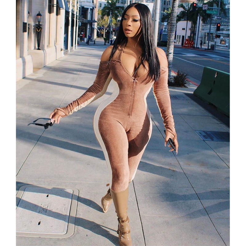 Baršunasti kombinezon s otvorenim ramenima Streetwear Ženski kombinezon s dugim rukavima uz tijelo