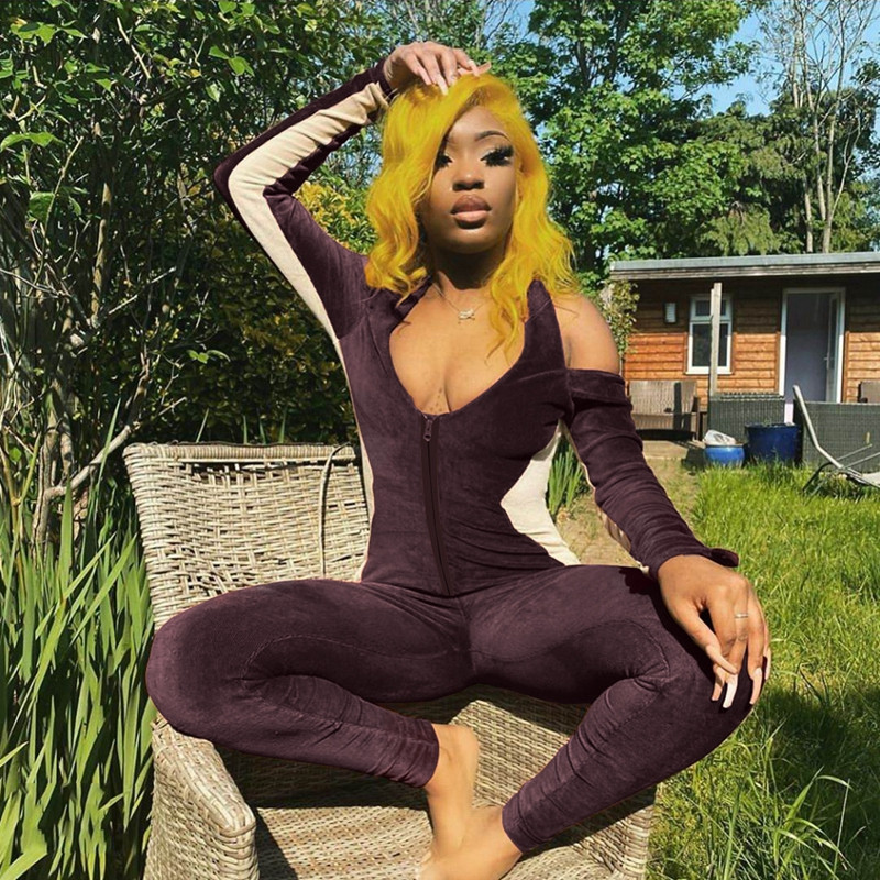 Baršunasti kombinezon s otvorenim ramenima Streetwear Ženski kombinezon s dugim rukavima uz tijelo