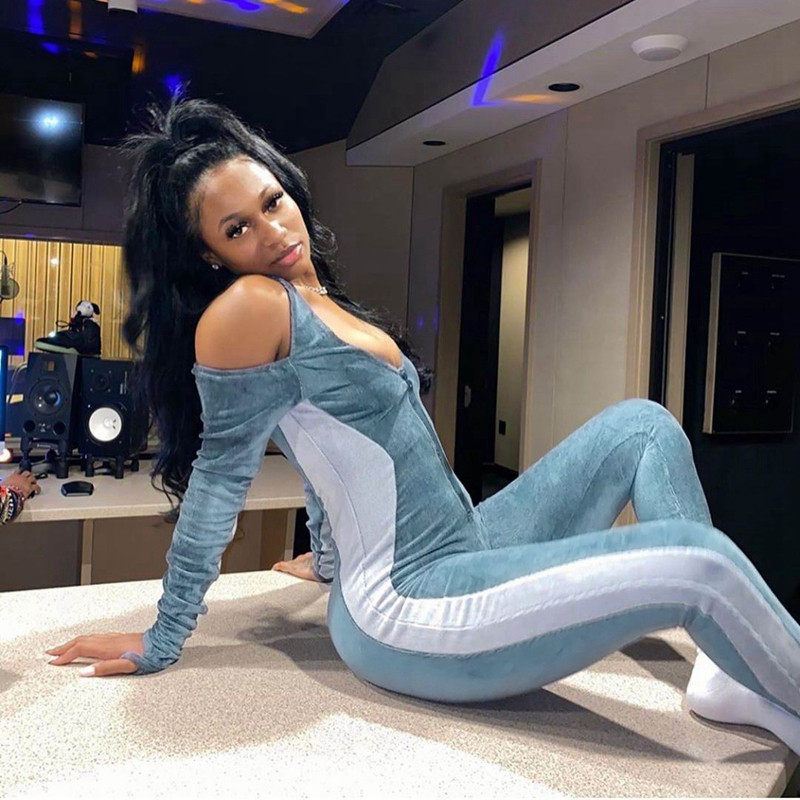 Baršunasti kombinezon s otvorenim ramenima Streetwear Ženski kombinezon s dugim rukavima uz tijelo