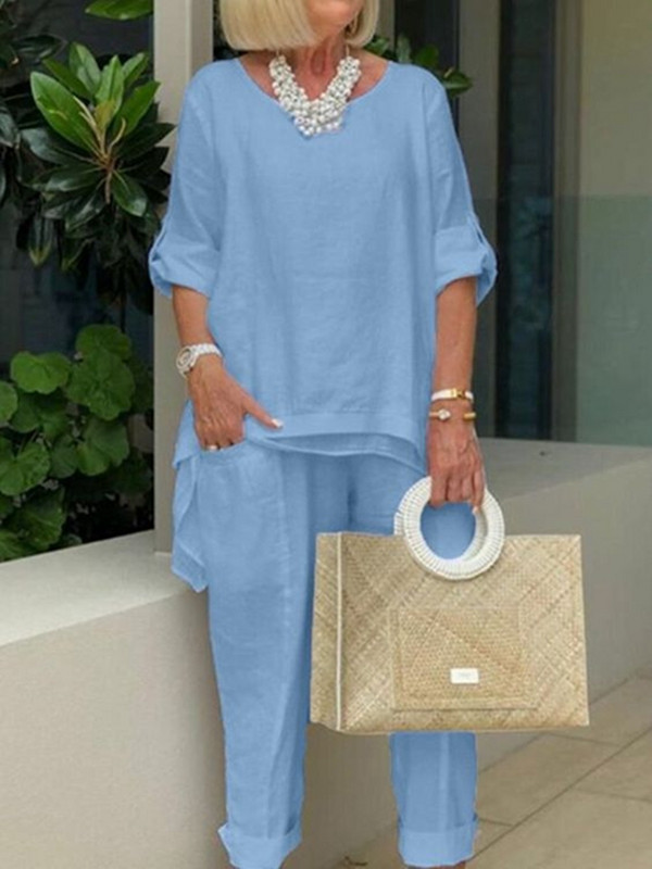 Moteriškas laisvalaikio dviejų dalių rinkinys, 2023 m. vasaros madinga pusiau rankovių iškirptė laisvas kostiumas, moteriškas vintažinis kišeninis, ilgos kelnės, solidi apranga