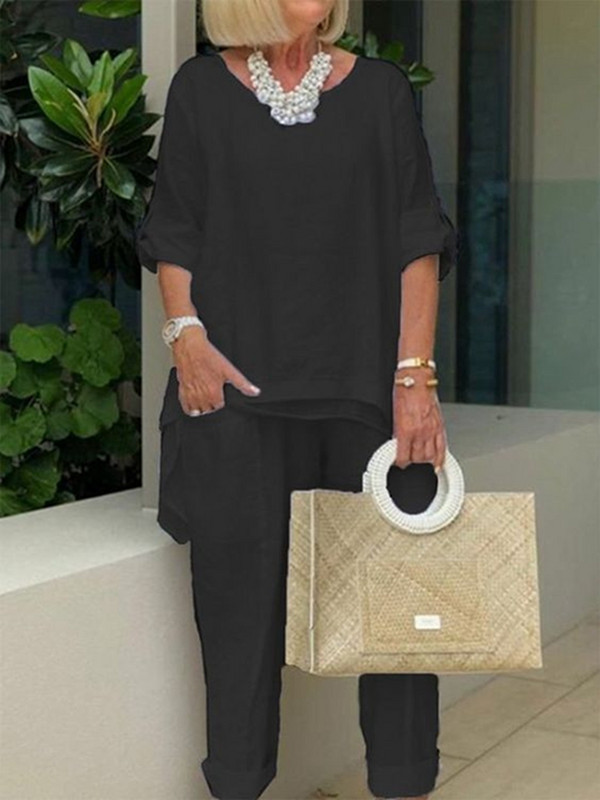 Moteriškas laisvalaikio dviejų dalių rinkinys, 2023 m. vasaros madinga pusiau rankovių iškirptė laisvas kostiumas, moteriškas vintažinis kišeninis, ilgos kelnės, solidi apranga