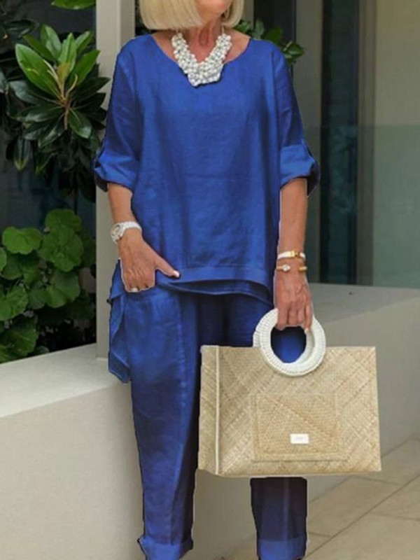 Moteriškas laisvalaikio dviejų dalių rinkinys, 2023 m. vasaros madinga pusiau rankovių iškirptė laisvas kostiumas, moteriškas vintažinis kišeninis, ilgos kelnės, solidi apranga