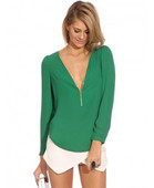 Dámske voľné ležérne tričko s dlhým rukávom a hlbokým výstrihom do V, blúzka s vysokým pásom a dlhým rukávom, vysoko kvalitné, šifónové, s hlbokým výstrihom do V a zipsom