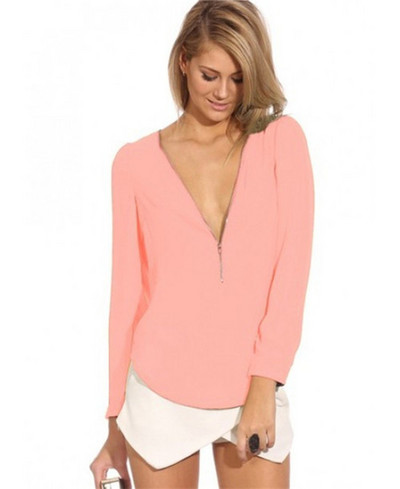 Dámske voľné ležérne tričko s dlhým rukávom a hlbokým výstrihom do V, blúzka s vysokým pásom a dlhým rukávom, vysoko kvalitné, šifónové, s hlbokým výstrihom do V a zipsom