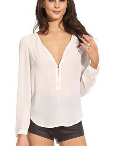 Dámske voľné ležérne tričko s dlhým rukávom a hlbokým výstrihom do V, blúzka s vysokým pásom a dlhým rukávom, vysoko kvalitné, šifónové, s hlbokým výstrihom do V a zipsom