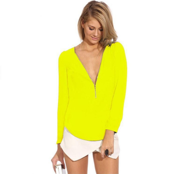 Dámske voľné ležérne tričko s dlhým rukávom a hlbokým výstrihom do V, blúzka s vysokým pásom a dlhým rukávom, vysoko kvalitné, šifónové, s hlbokým výstrihom do V a zipsom