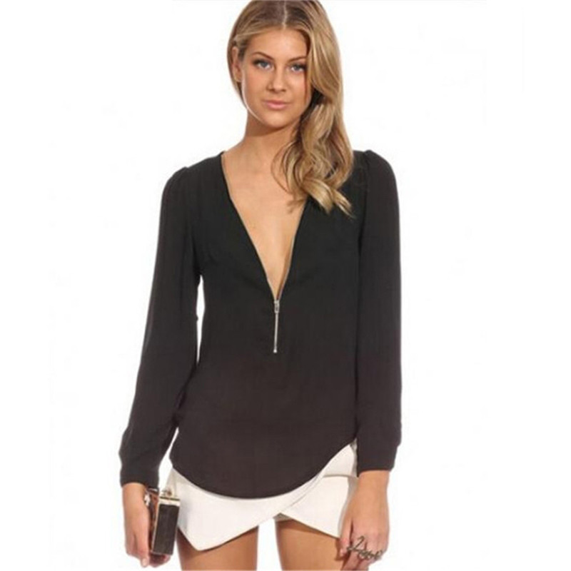 Dámske voľné ležérne tričko s dlhým rukávom a hlbokým výstrihom do V, blúzka s vysokým pásom a dlhým rukávom, vysoko kvalitné, šifónové, s hlbokým výstrihom do V a zipsom