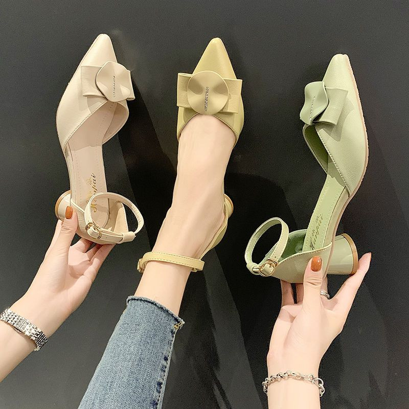 Pantofi pentru femei 2023 Sandale cu toc bloc Încălțăminte de vară de damă Tocuri groase Verde cu vârf ascuțit mediu Casual Tendință populară E