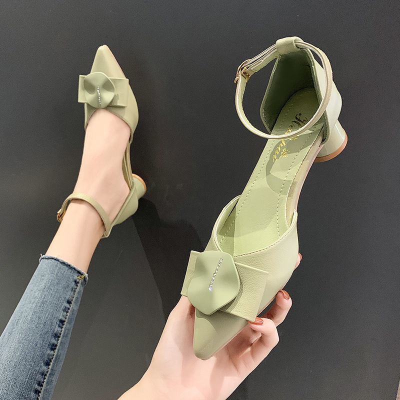 Pantofi pentru femei 2023 Sandale cu toc bloc Încălțăminte de vară de damă Tocuri groase Verde cu vârf ascuțit mediu Casual Tendință populară E