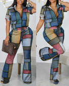 Nyári divatnyomtatott kétrészes szett, női alkalmi cipzáras, rövid ujjú ing, kiszélesedő nadrág, kétrészes öltöny, női ruha