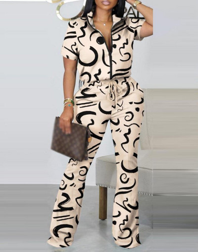 Nyári divatnyomtatott kétrészes szett, női alkalmi cipzáras, rövid ujjú ing, kiszélesedő nadrág, kétrészes öltöny, női ruha