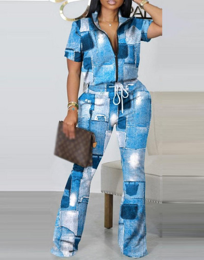 Nyári divatnyomtatott kétrészes szett, női alkalmi cipzáras, rövid ujjú ing, kiszélesedő nadrág, kétrészes öltöny, női ruha