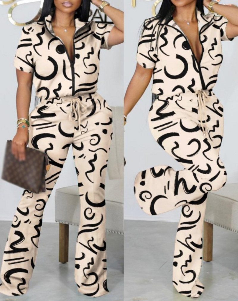 Nyári divatnyomtatott kétrészes szett, női alkalmi cipzáras, rövid ujjú ing, kiszélesedő nadrág, kétrészes öltöny, női ruha