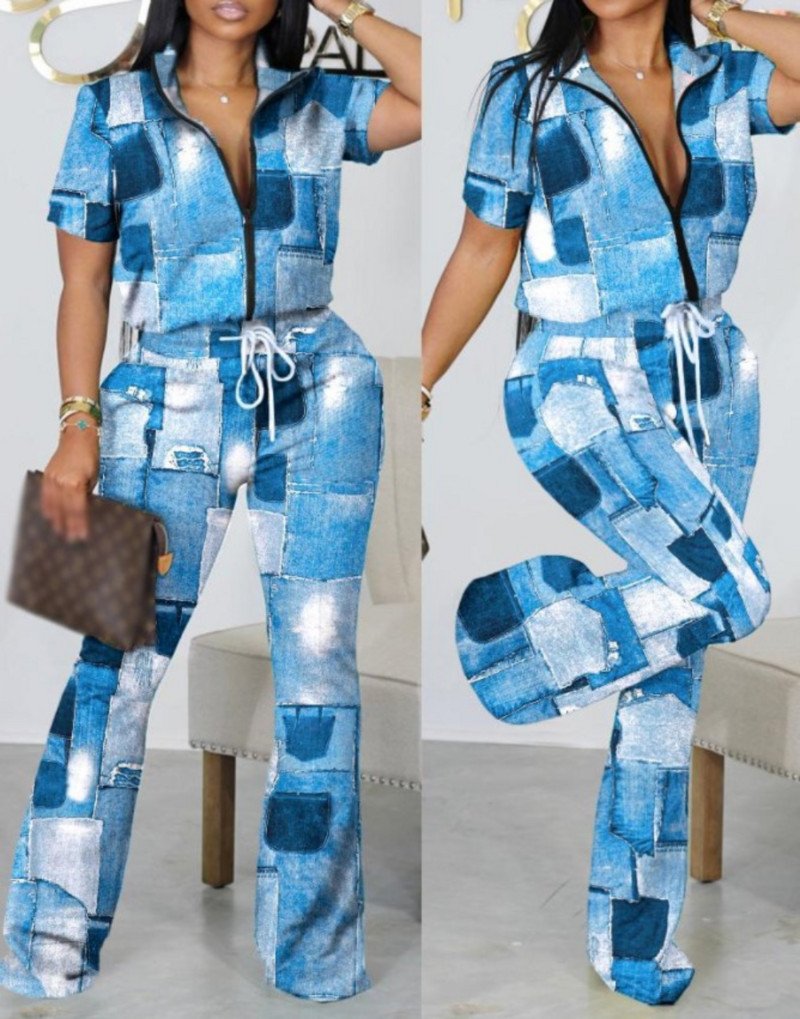 Nyári divatnyomtatott kétrészes szett, női alkalmi cipzáras, rövid ujjú ing, kiszélesedő nadrág, kétrészes öltöny, női ruha