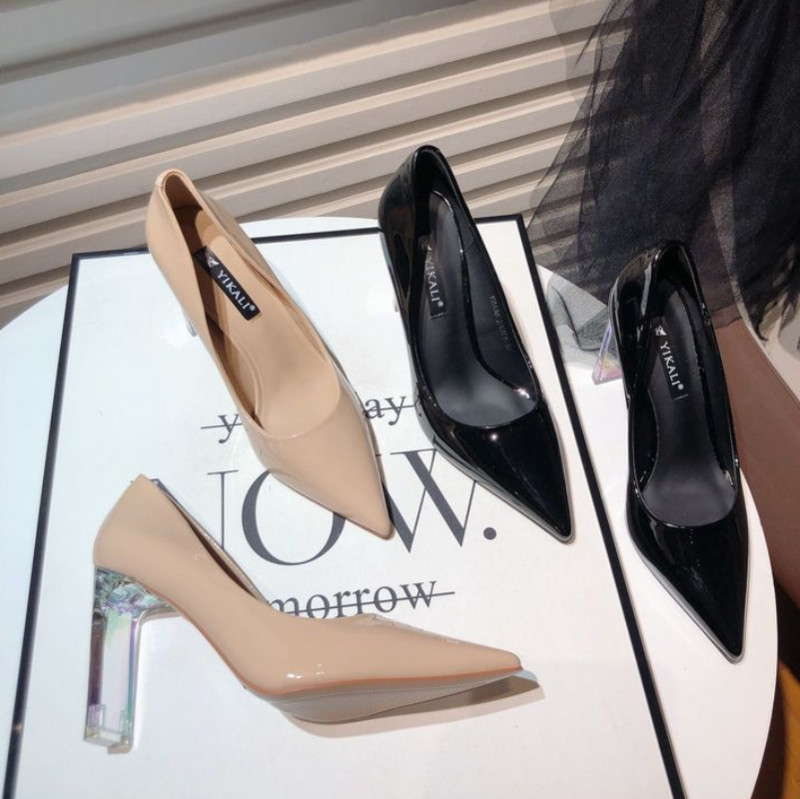 Dámske topánky 2023, čierne na podpätku, dámske letné topánky, priehľadné kancelárske, vysoké podpätky s špicatou špičkou, lodičky v kórejskom štýle