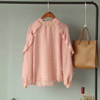 Femei primăvară vară cu mânecă lungă cu paiete de bază cu volane cămașă elegantă șifon dantelă tul pulover plasă tifon vola bluză topuri