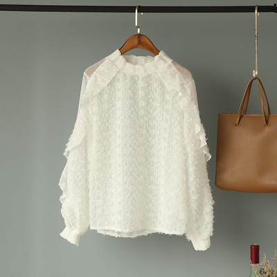 Femei primăvară vară cu mânecă lungă cu paiete de bază cu volane cămașă elegantă șifon dantelă tul pulover plasă tifon vola bluză topuri