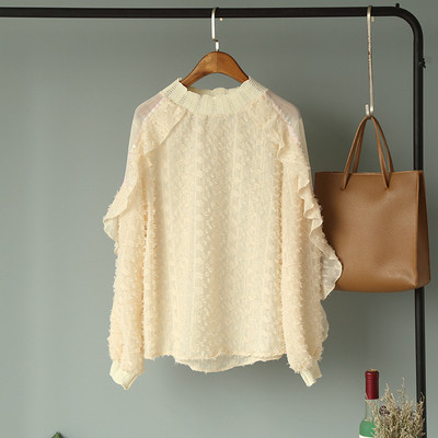 Femei primăvară vară cu mânecă lungă cu paiete de bază cu volane cămașă elegantă șifon dantelă tul pulover plasă tifon vola bluză topuri