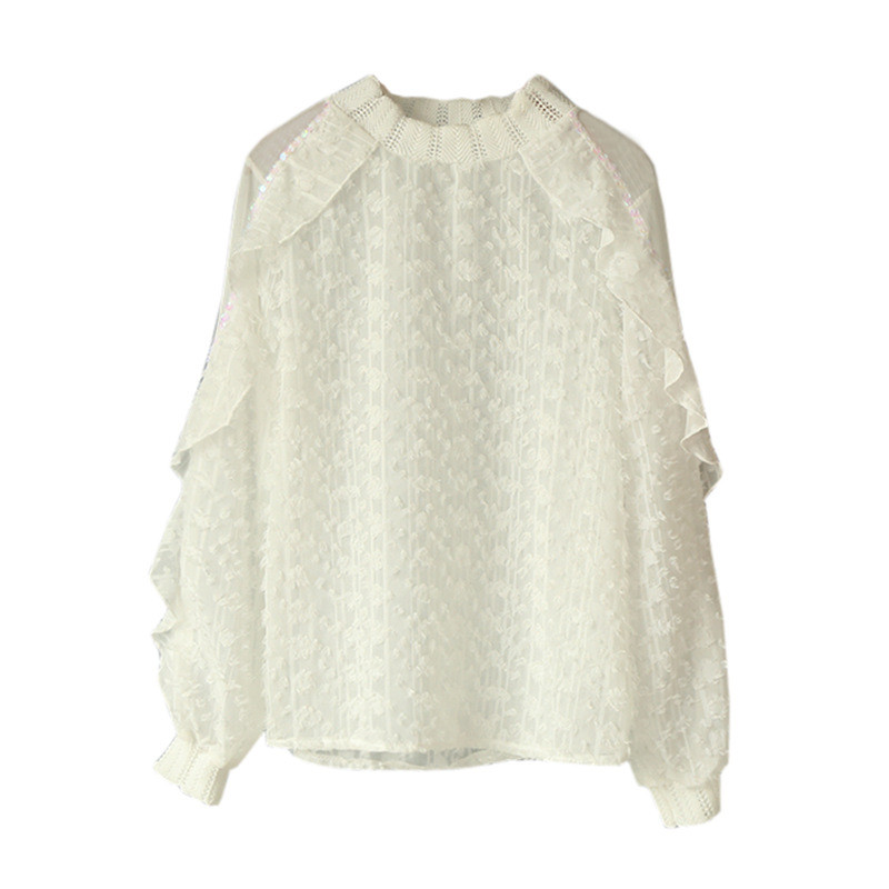 Femei primăvară vară cu mânecă lungă cu paiete de bază cu volane cămașă elegantă șifon dantelă tul pulover plasă tifon vola bluză topuri