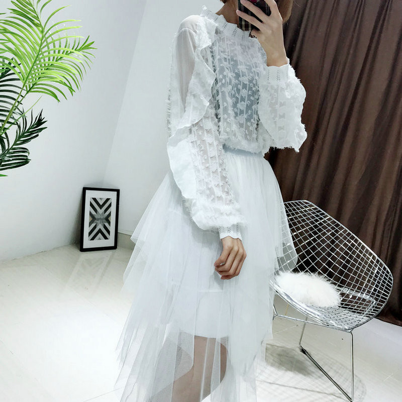 Femei primăvară vară cu mânecă lungă cu paiete de bază cu volane cămașă elegantă șifon dantelă tul pulover plasă tifon vola bluză topuri