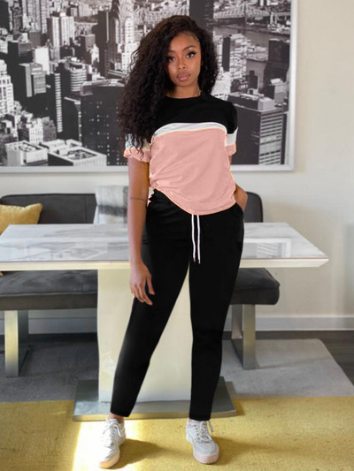 LW Kontrast u boji Komplet hlača s uzicom od 2 komada Odjevne kombinacije kratkih rukava Ležerna majica i sportske hlače