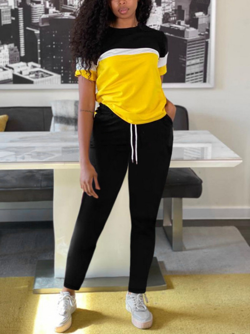 LW Kontrast u boji Komplet hlača s uzicom od 2 komada Odjevne kombinacije kratkih rukava Ležerna majica i sportske hlače