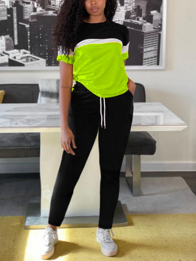 LW Kontrast u boji Komplet hlača s uzicom od 2 komada Odjevne kombinacije kratkih rukava Ležerna majica i sportske hlače