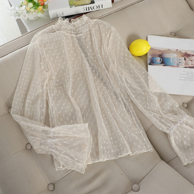 Elegantna ženska jesenska košulja s lepršavim rukavima Basic Voile točkasta čipkana košulja s volanima Nova vintage elastična tanka majica od gaze od tila