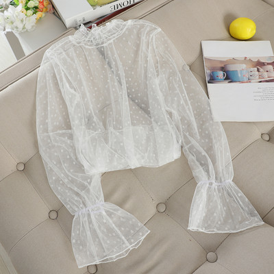 Elegantna ženska jesenska košulja s lepršavim rukavima Basic Voile točkasta čipkana košulja s volanima Nova vintage elastična tanka majica od gaze od tila