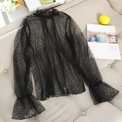 Elegantna ženska jesenska košulja s lepršavim rukavima Basic Voile točkasta čipkana košulja s volanima Nova vintage elastična tanka majica od gaze od tila