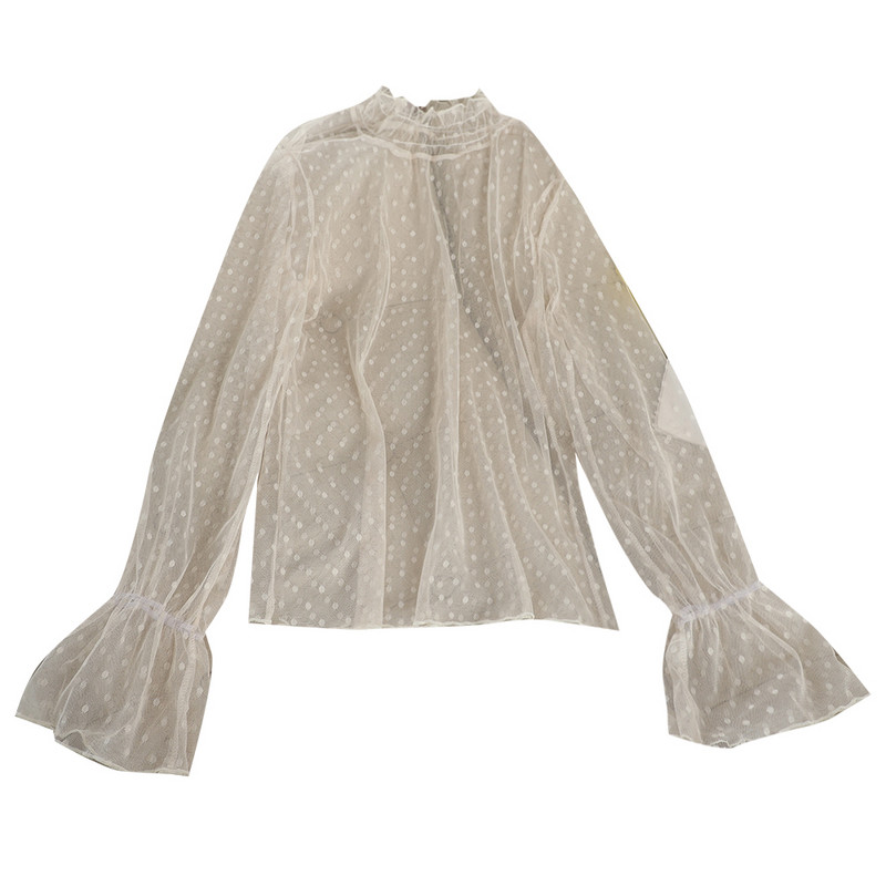 Elegantna ženska jesenska košulja s lepršavim rukavima Basic Voile točkasta čipkana košulja s volanima Nova vintage elastična tanka majica od gaze od tila