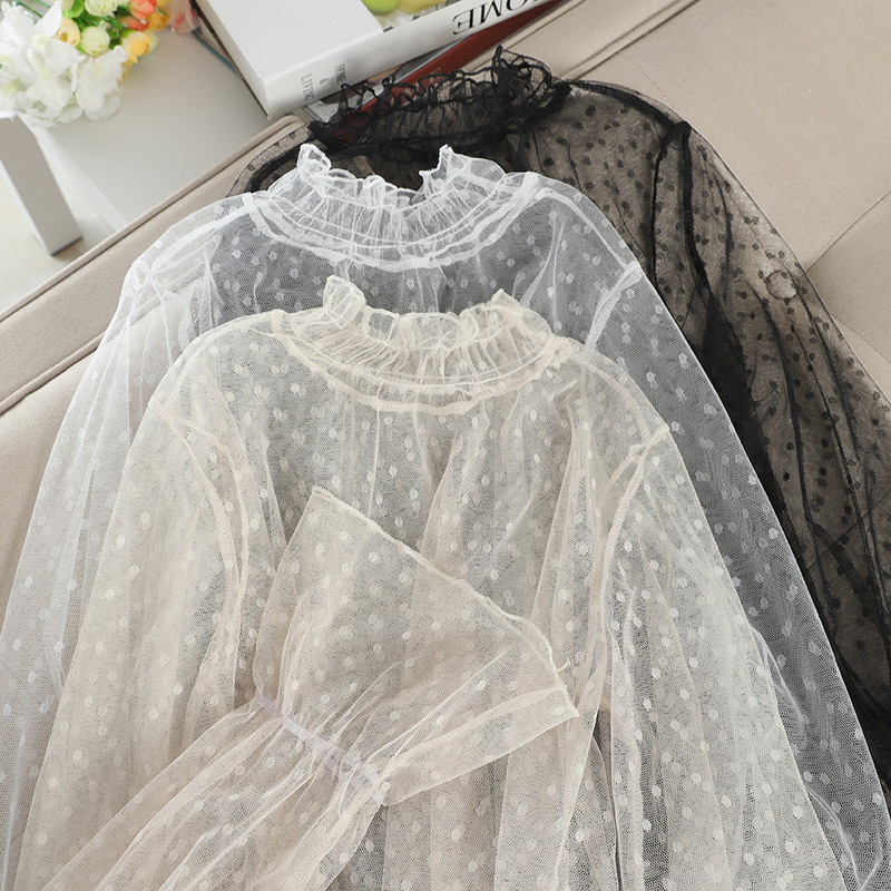 Elegantna ženska jesenska košulja s lepršavim rukavima Basic Voile točkasta čipkana košulja s volanima Nova vintage elastična tanka majica od gaze od tila