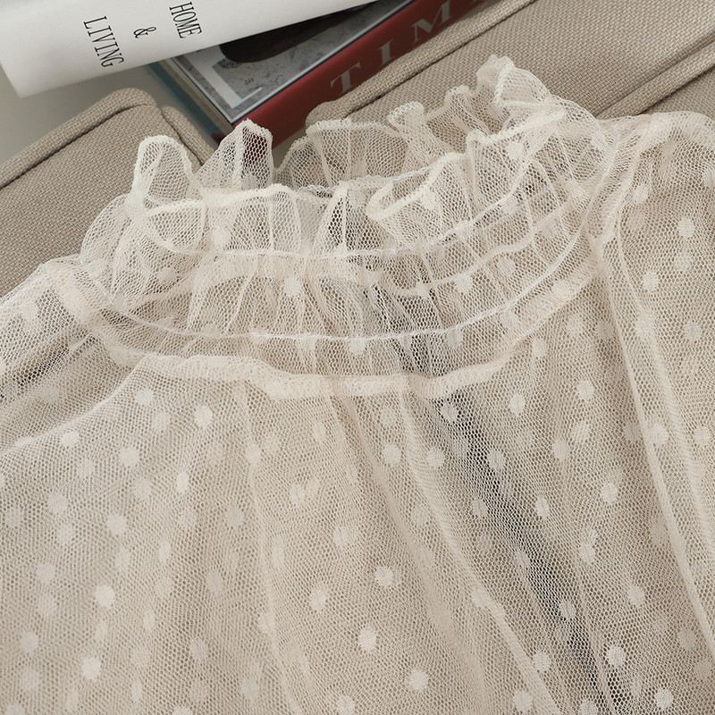 Elegantna ženska jesenska košulja s lepršavim rukavima Basic Voile točkasta čipkana košulja s volanima Nova vintage elastična tanka majica od gaze od tila