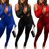 Uus saabumine ühes tükis seksikad sügavad V-kakk õõnsad õlgadest pikkade varrukatega kombinesoonid, tugeva kehaga plisseeritud püksid, klubikombinesoon