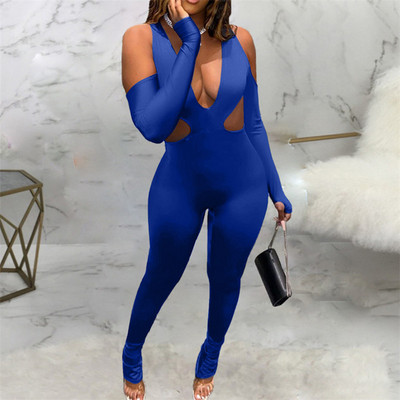 Uus saabumine ühes tükis seksikad sügavad V-kakk õõnsad õlgadest pikkade varrukatega kombinesoonid, tugeva kehaga plisseeritud püksid, klubikombinesoon