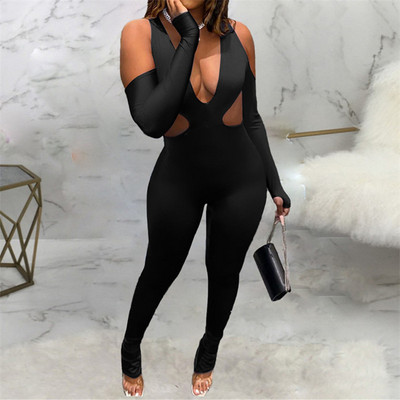 Uus saabumine ühes tükis seksikad sügavad V-kakk õõnsad õlgadest pikkade varrukatega kombinesoonid, tugeva kehaga plisseeritud püksid, klubikombinesoon