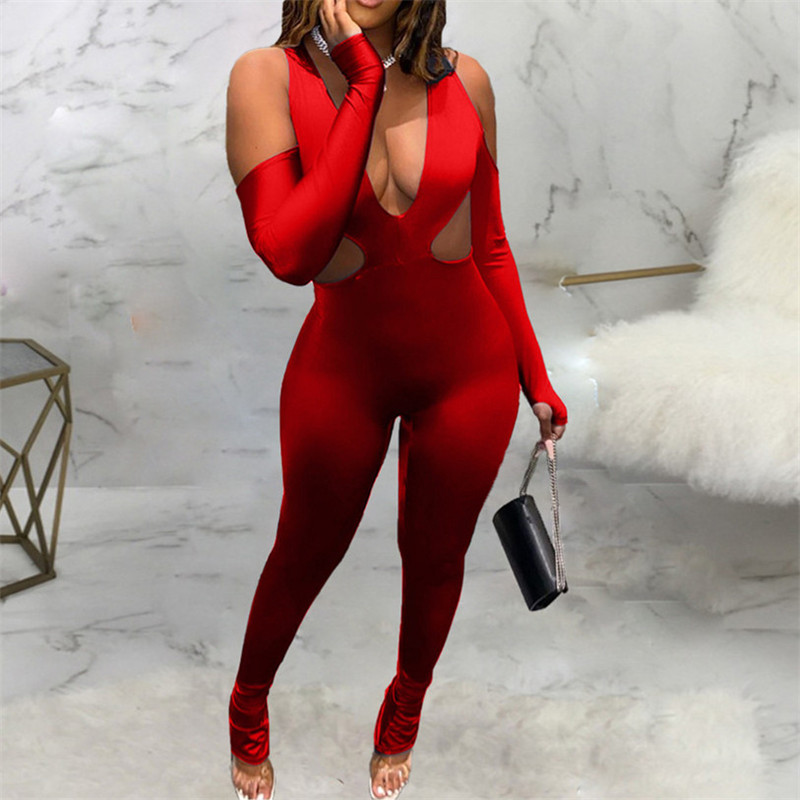 Uus saabumine ühes tükis seksikad sügavad V-kakk õõnsad õlgadest pikkade varrukatega kombinesoonid, tugeva kehaga plisseeritud püksid, klubikombinesoon